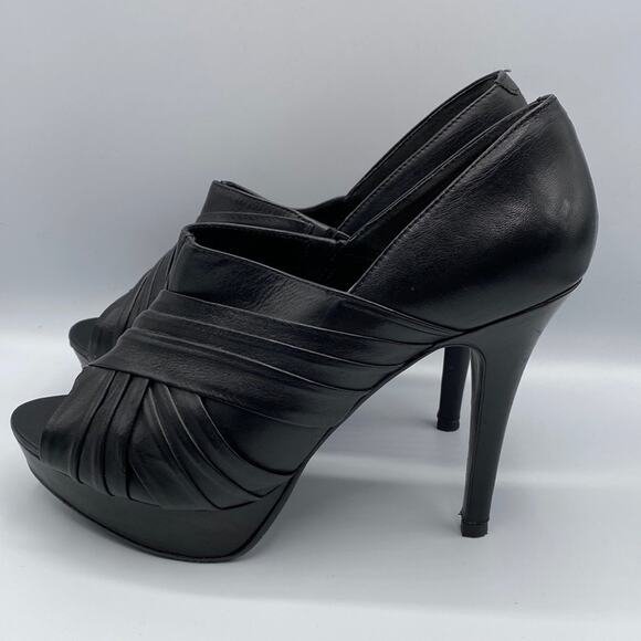 Schutz Women Black Leather Pleated Peep Toe Stiletto Platform Heeled Booties 10B - Picture 3 of 9